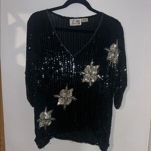 Black Sequin Top with Silver Floral Accents